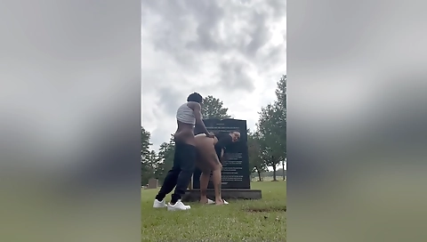 Blonde milf with huge tits gets fucked in a park